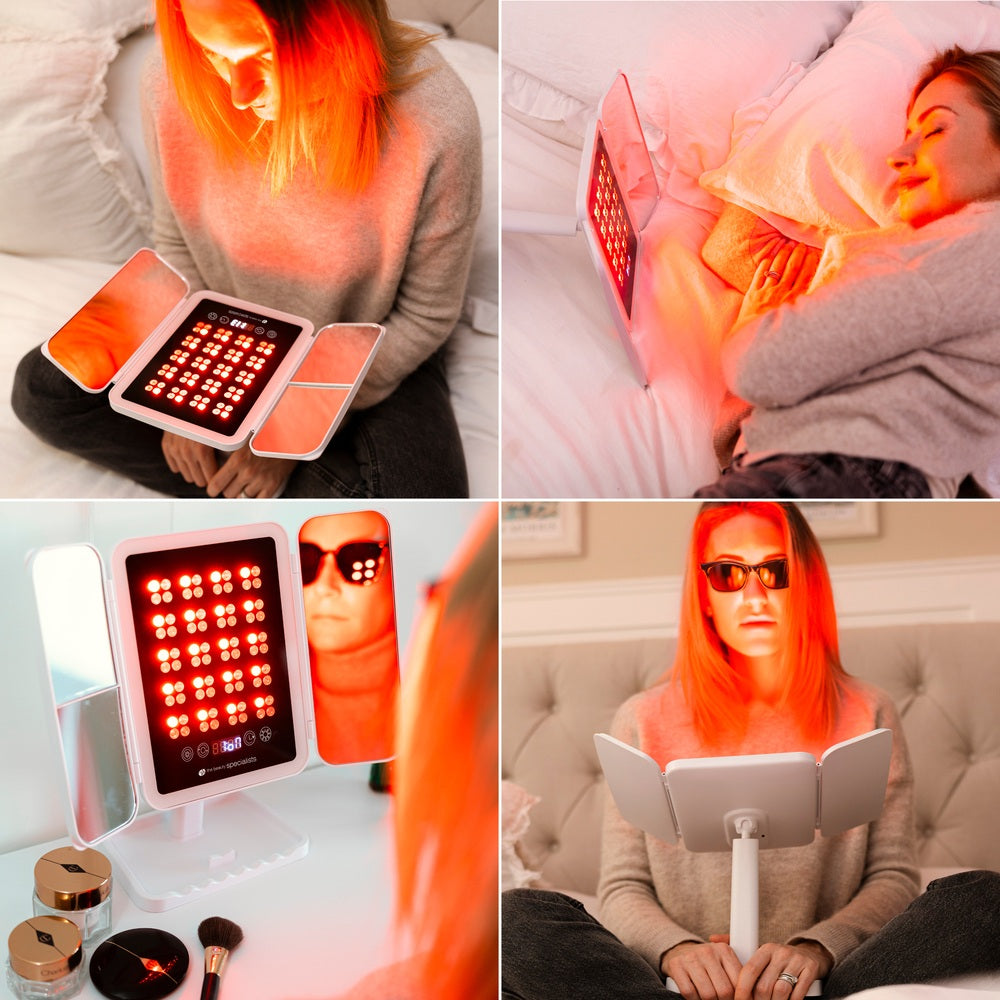 A woman uses the Rio Radiance Light Therapy Panel at a table and in bed, wearing protective glasses as red light shines on her face—delivering advanced skincare for glowing, radiant skin.