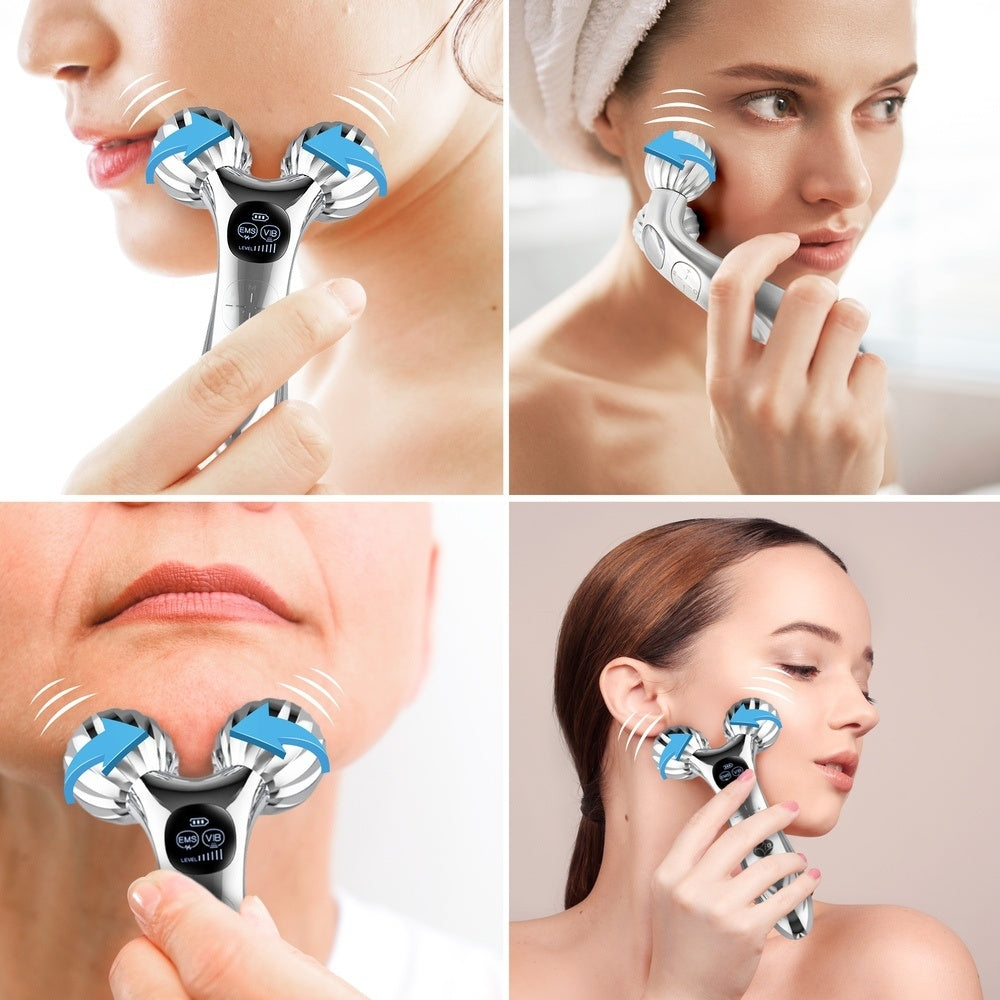 Four images feature women using the Rio Face & Body Massage Roller, a handheld tool with three blue and silver rotating heads, demonstrating its firming benefits on cheeks and jawline from various angles.