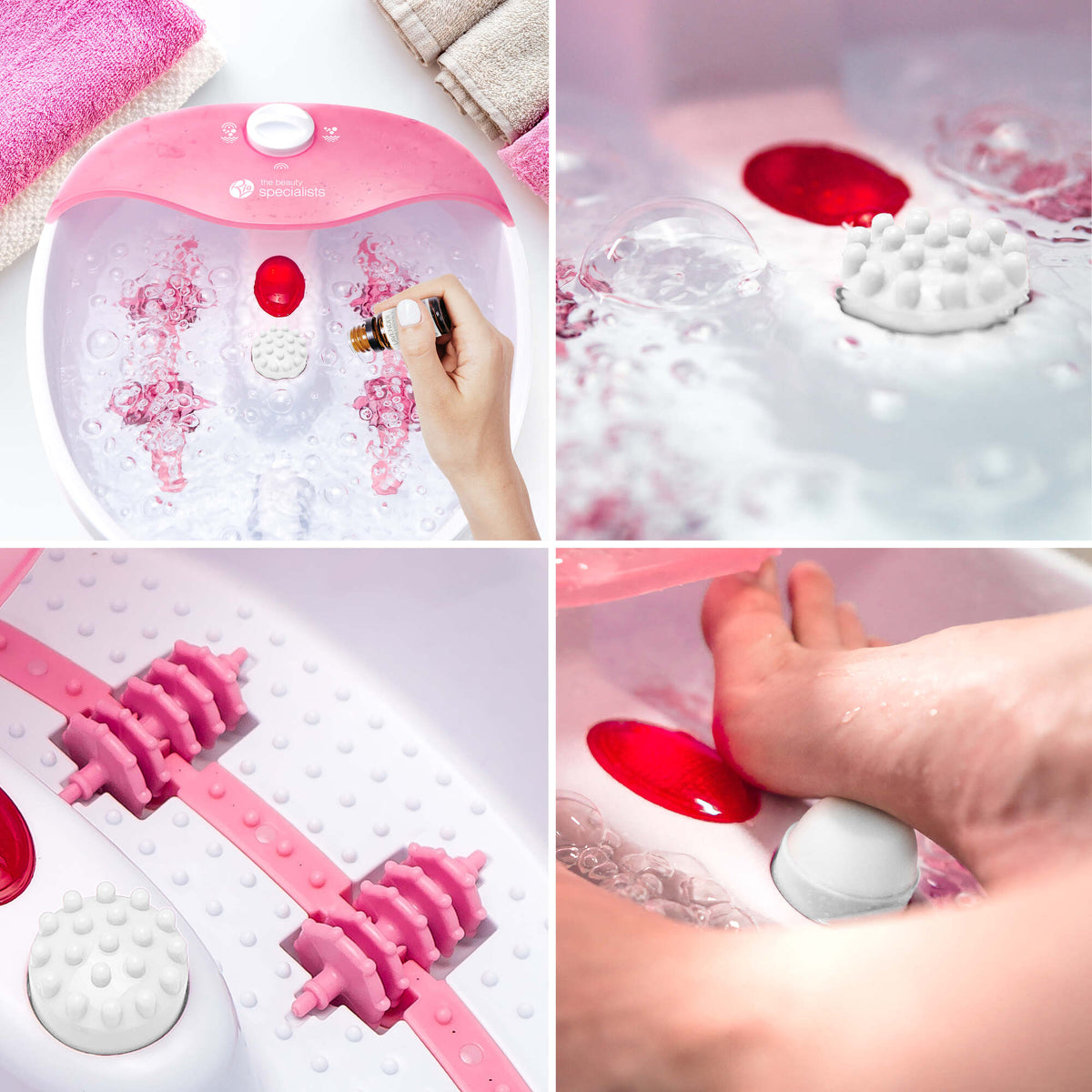 A collage shows the Rio Soothing Waves Foot Bath Spa & Massager in use, featuring pink and white design, close-ups of massage rollers, bubbling water, essential oil being added for relaxation, and a foot on the textured massage attachment.