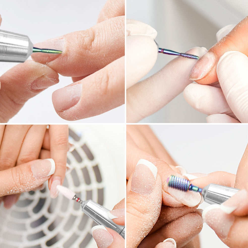 A collage of four close-ups shows hands using the Rio Salon Pro Electric Nail File & Drill, shaping and filing nails with salon-quality care from the all-in-one kit as nail dust appears during the DIY manicure process.