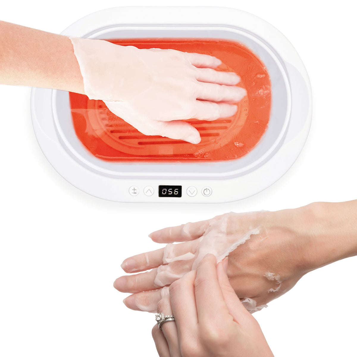 A hand is dipped into the Rio Paraffin Wax Heater with orange wax for comfort, while another peels off the solidified layer to reveal hydrated, supple skin.