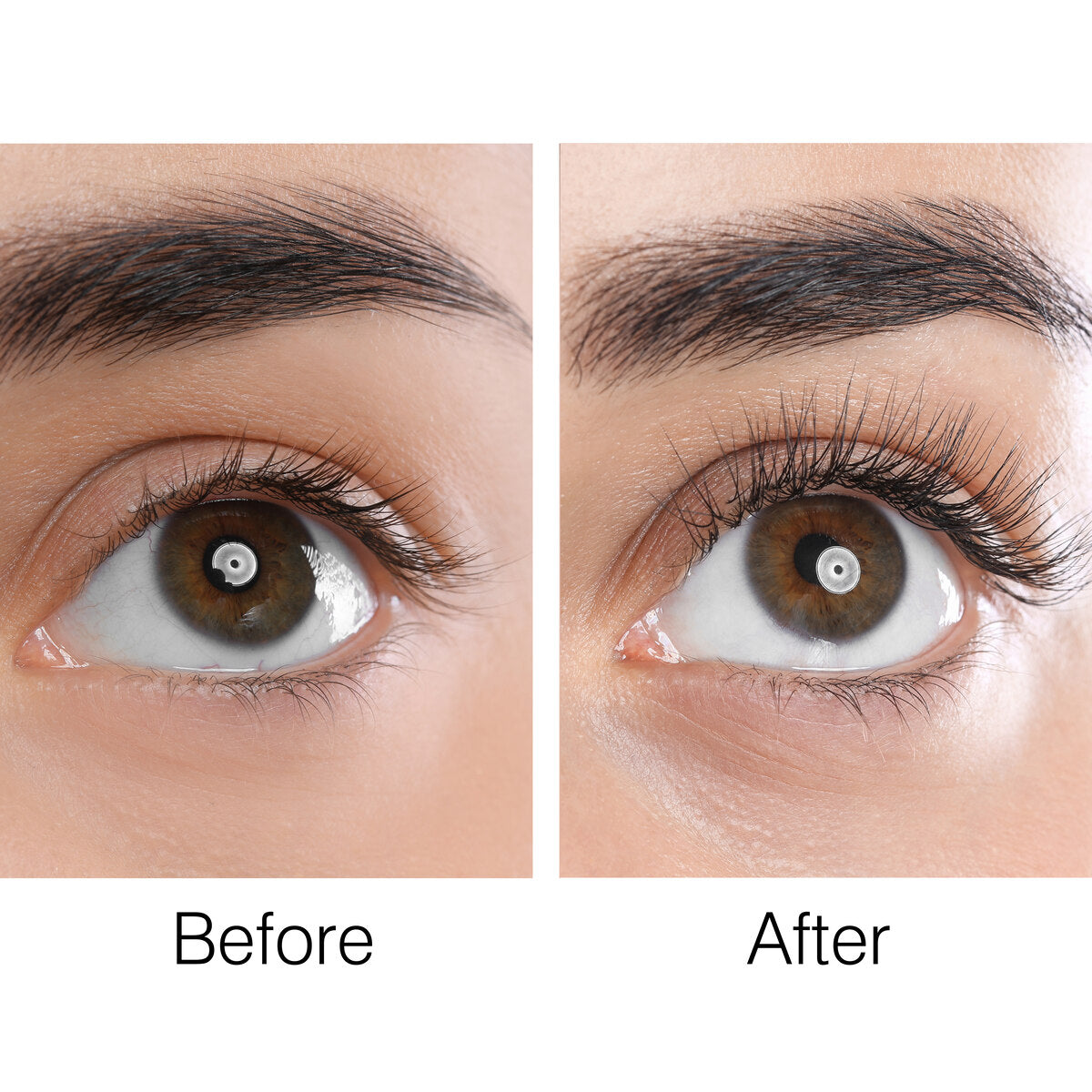 Side-by-side close-up of a brown eye labeled Before and After; the Before shows natural lashes, while the After shows longer, fuller, and curled lashes achieved with the Rio WOW Lash Heated Eyelash Curler.