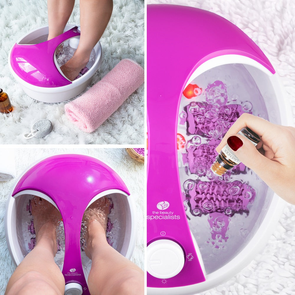 A collage features a person using the Rio Deluxe Foot Spa Bath and Massager - Purple: one photo shows feet soaking, another highlights bubbles as oil is added, and the last displays the spa with a towel and nail tools nearby.