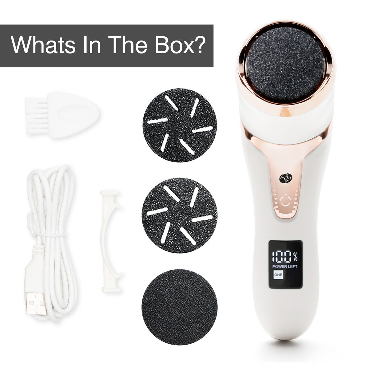 The Rio Go Smooth Electric Foot File Hard Skin Remover with Vacuum Action includes a white and rose gold device, 3 black rollers, USB charging cable, cleaning brush, and tool. Perfect for removing dry skin. “What’s In The Box?” shown.