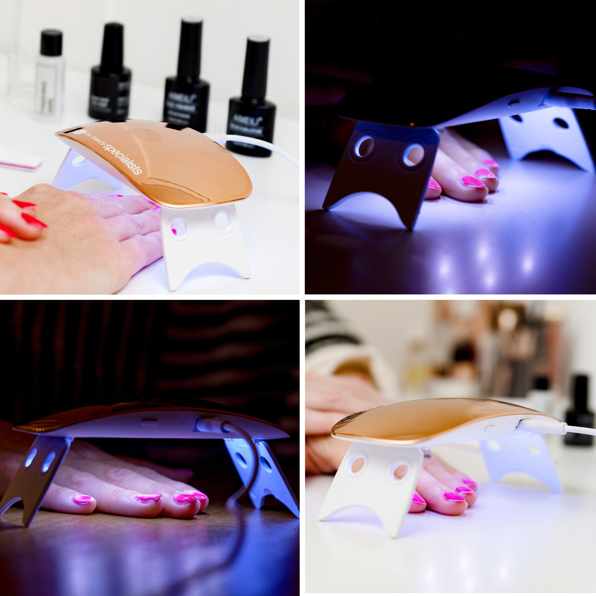 A collage of four photos shows a person using the Rio 14 Day Gel Polish Nails gold LED lamp to cure gel polish on fingernails and toenails, with nail polish bottles and manicure tools visible in the background.