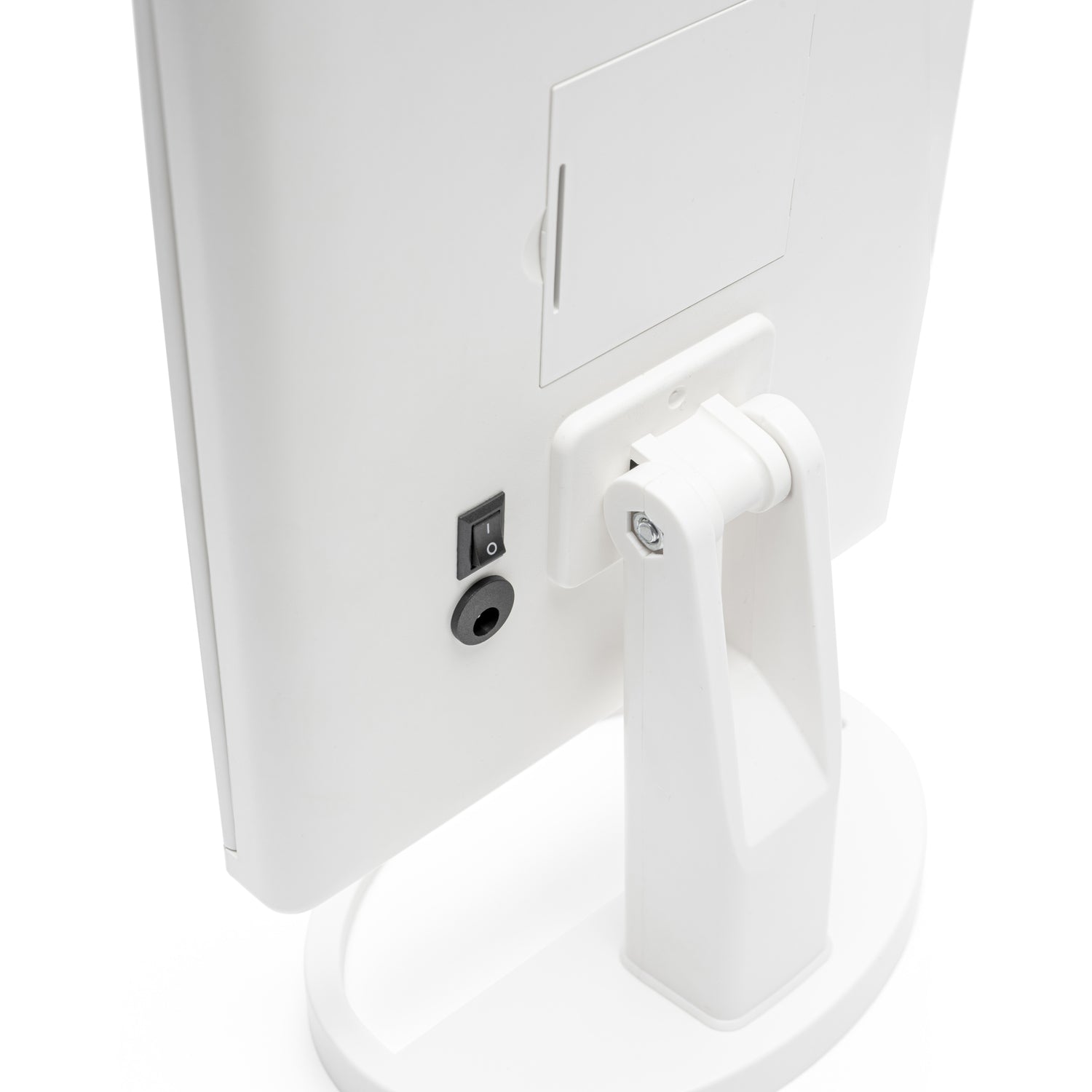 The back of the Rio 24 LED Touch Dimmable 3 Way Makeup Mirror with 2 & 3X Magnification in white features a power switch, circular port, and an adjustable hinge stand.