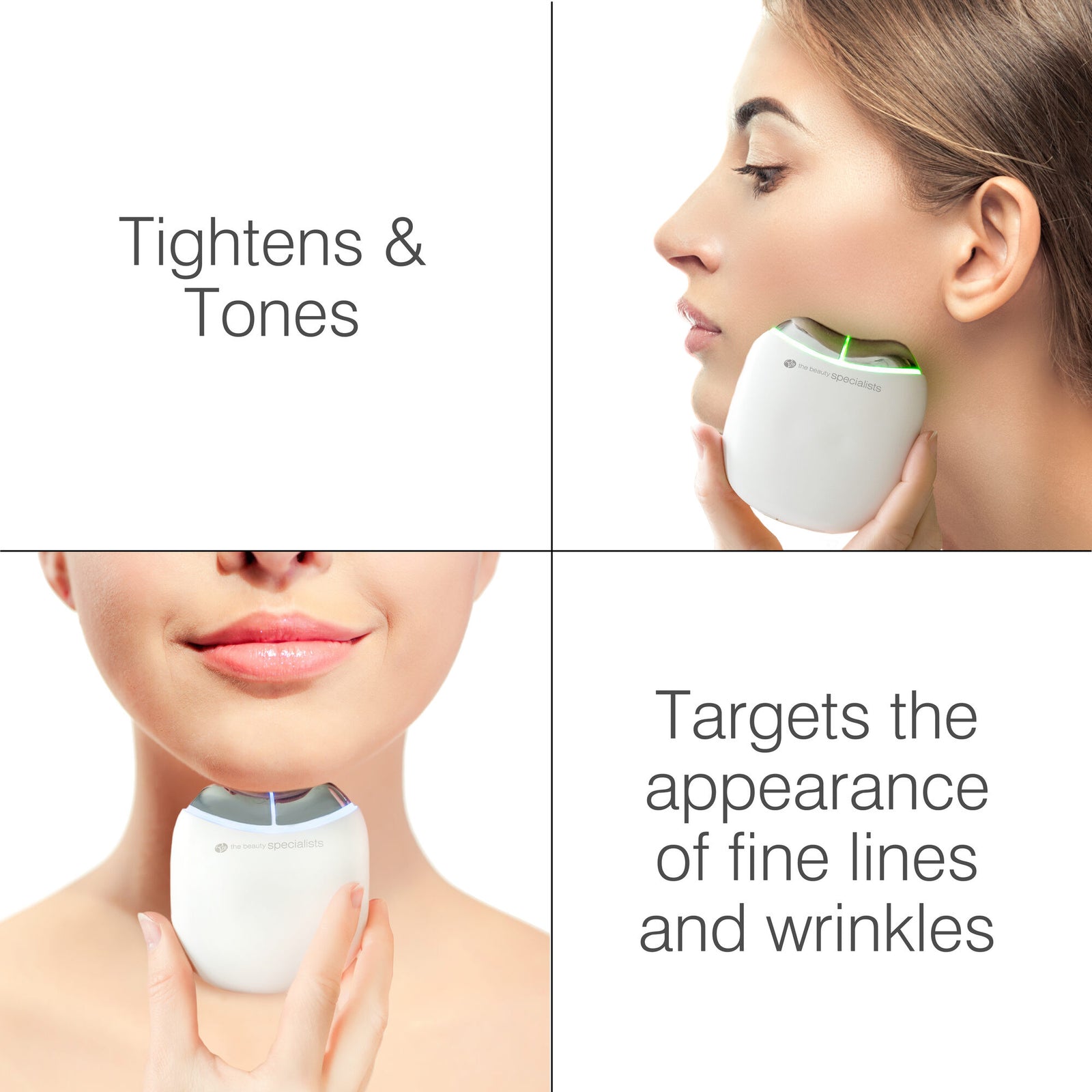 A woman uses the Rio Face Lift & Tone Facial Toner on her jawline and chin; text reads: Tightens & Tones, reduces the appearance of fine lines and wrinkles, and supports skin toning for a youthful look.