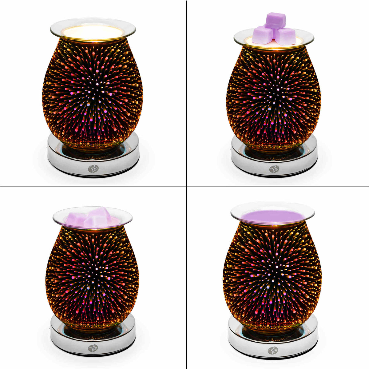 A four-panel image features the Rio Alura Wax Melt Burner & Aroma Diffuser Lamp, displaying its starburst light as it melts wax cubes from solid to liquid, creating a warm and inviting ambiance.
