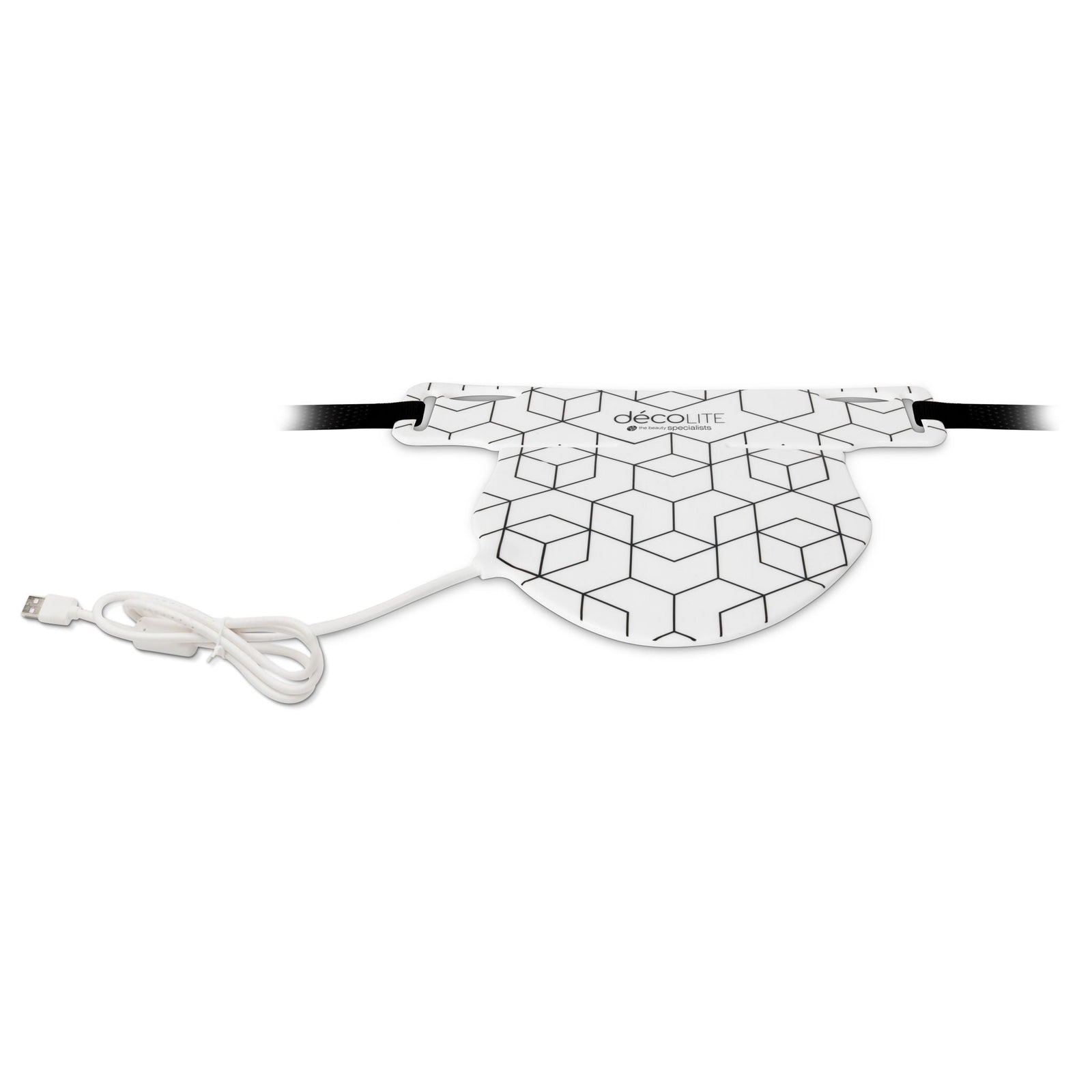 The Rio décoLITE Anti-Ageing Light Treatment is a sleek white wearable skincare device with a geometric hexagonal pattern, black adjustable strap, and attached white USB cable—perfect for achieving beautiful skin.