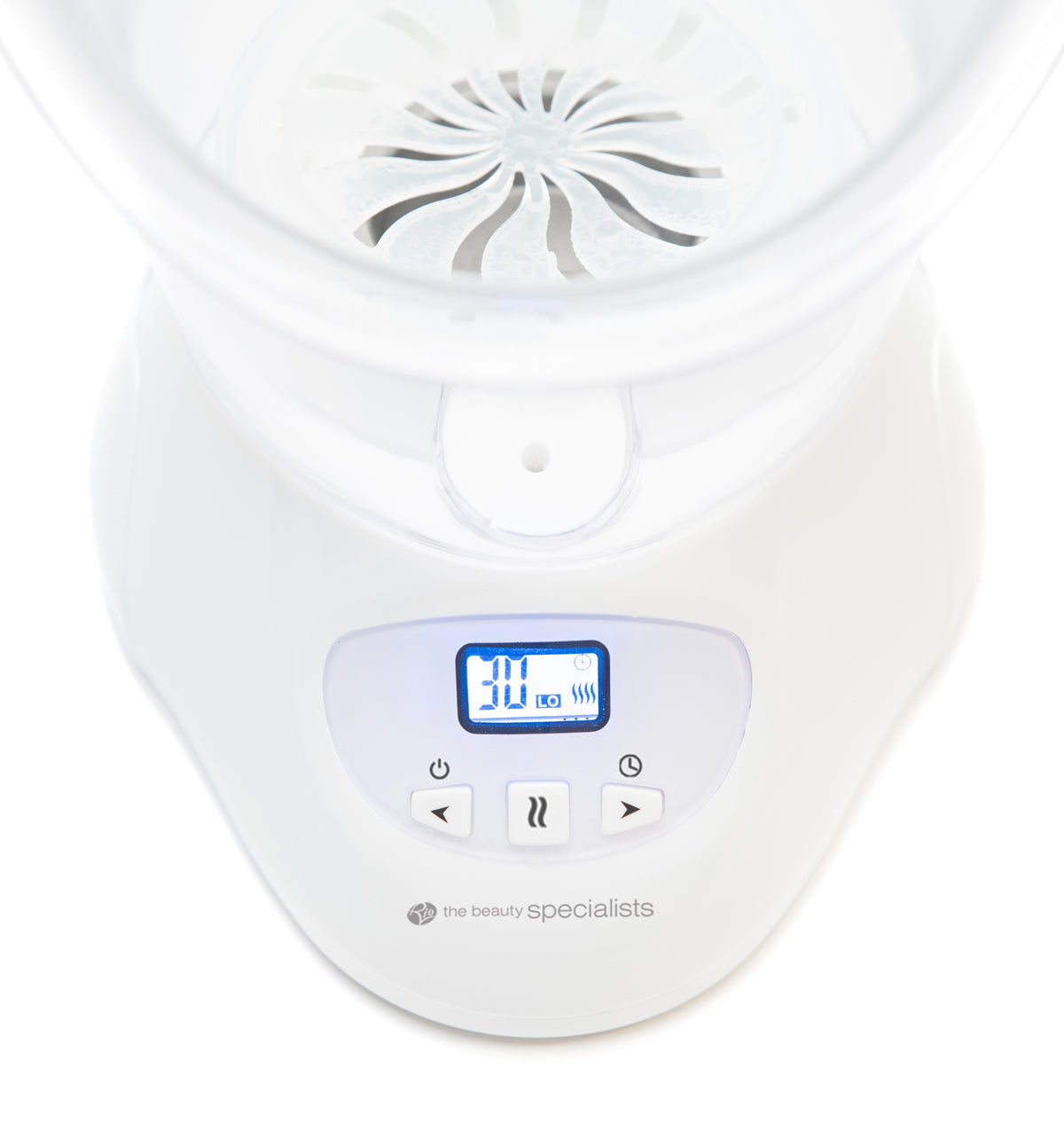 Close-up of the Rio Facial Sauna Skincare Spa with Steam Inhaler—a white device featuring a blue LCD display, control buttons, and the beauty specialists below the screen—ideal for home spa or facial sauna experiences.