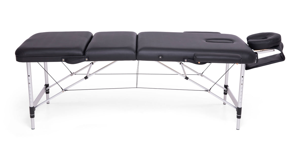 The Rio Professional Aluminium Massage Table & Treatment Couch features a black padded surface, metal legs, and an attached headrest—ideal for home massage sessions and shown on a white background.