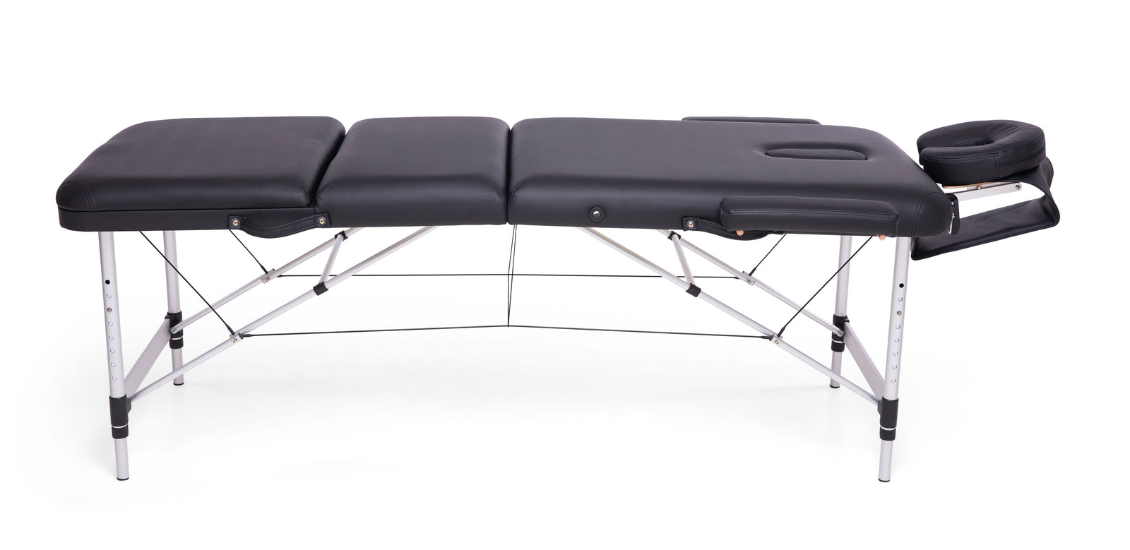 The Rio Professional Aluminium Massage Table & Treatment Couch features a black padded surface, metal legs, and an attached headrest—ideal for home massage sessions and shown on a white background.