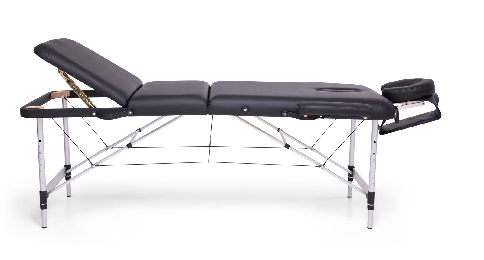 The Rio Professional Aluminium Massage Table & Treatment Couch features an adjustable backrest and headrest, black upholstery, and sturdy silver metal legs—perfect for at-home massage. Displayed against a white background.