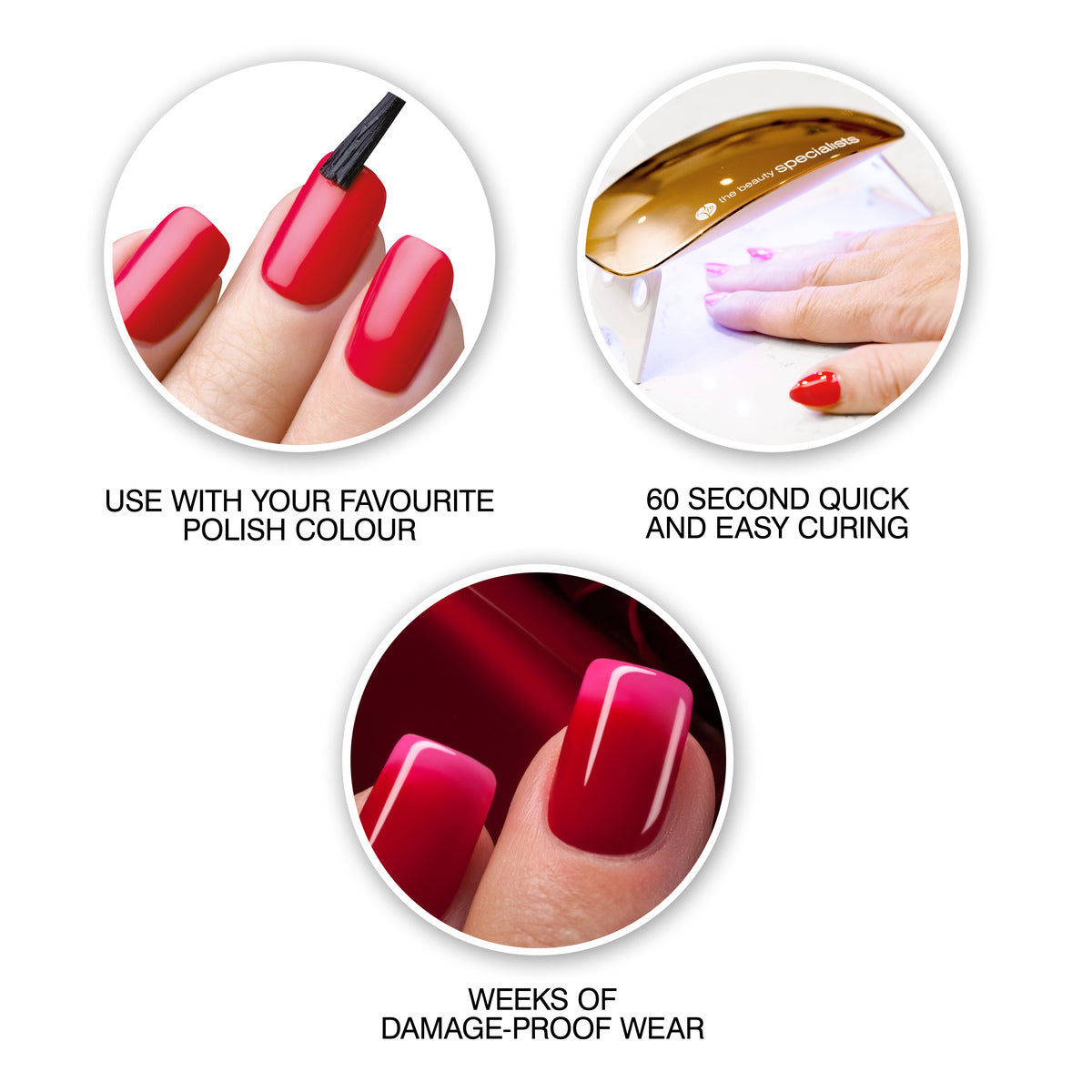 Three circular images show Rio 14 Day Gel Polish Nails being painted, cured under a UV lamp in 60 seconds, and finished glossy. Captions: professional manicure, quick & easy curing, up to two weeks of long-lasting shine.