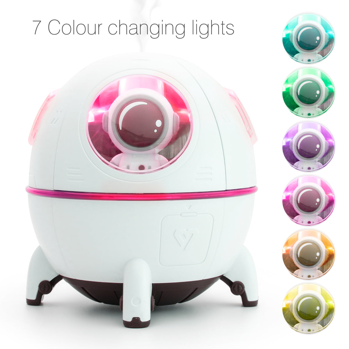 The Rio Spaceship Explorer Childs Essential Oil Diffuser, Humidifier, and Night Light is shaped like a spaceship with an astronaut inside, emitting mist and featuring 7 color-changing night lights in blue, green, teal, purple, pink, yellow, and orange.
