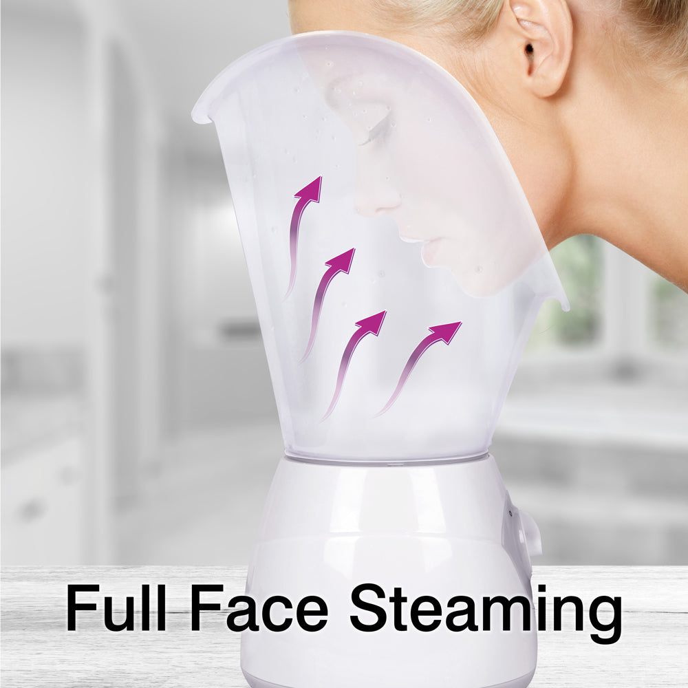 A woman uses the Rio Facial Sauna Skincare with Steam Inhaler as pink arrows indicate steam moving toward her face. The phrase Full Face Steaming is displayed at the bottom.