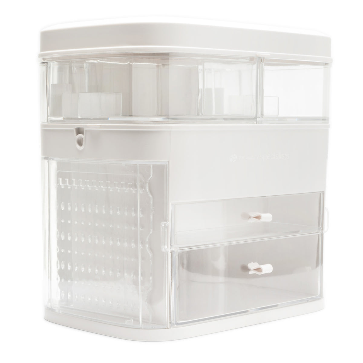 The Rio Ultimate Beauty Storage Box With Dimmable Mirror is a white, transparent organizer with compartments and drawers—ideal for storing cosmetics, office supplies, or jewelry.