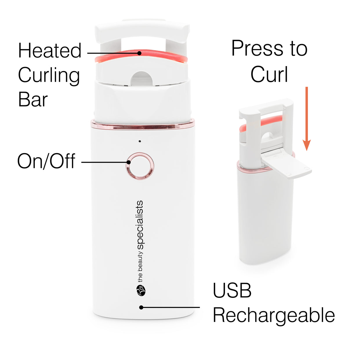 The Rio WOW Lash Heated Eyelash Curler features labeled parts: a heated curling bar, on/off button, USB rechargeable port, and a press-to-curl function—demonstrated by an arrow—to create perfectly curled lashes.