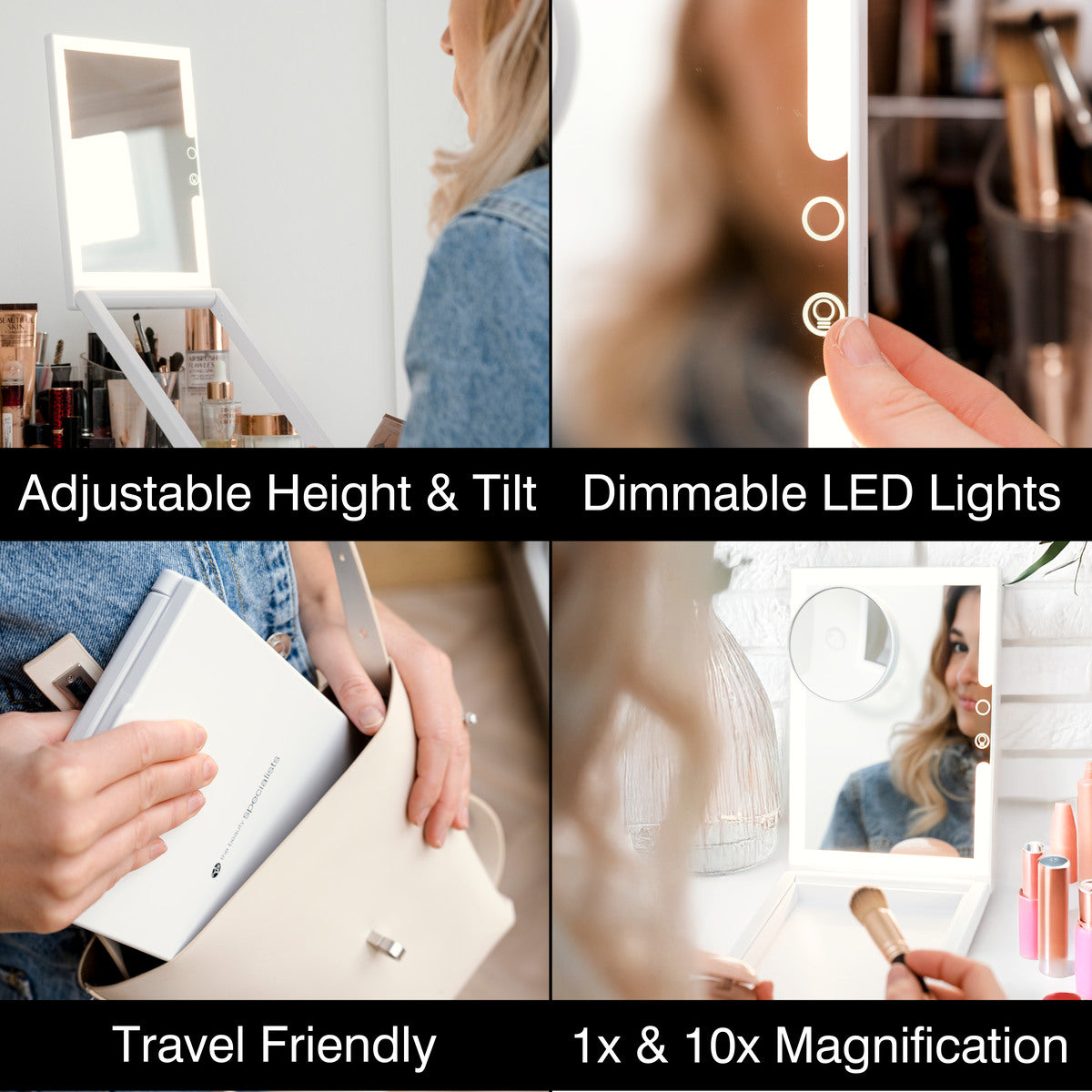 Collage featuring a woman using the Rio Home & Away Dressing Table Make Up Mirror—height and angle adjustable, dimmable LED lights, 1x/10x magnification—shown up close and being packed for travel.