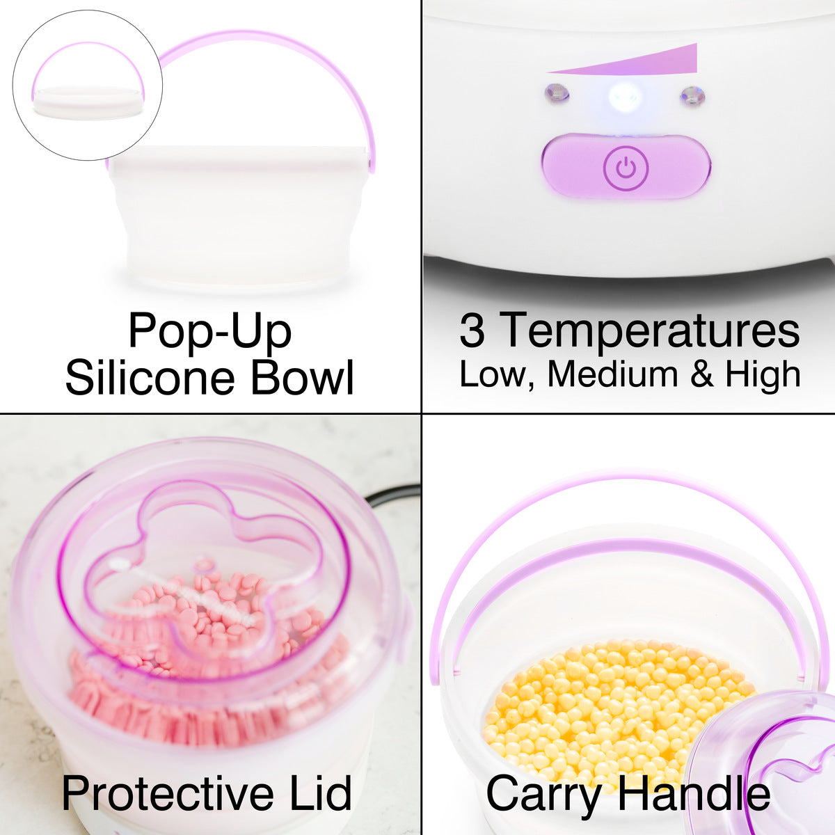 Four-panel image of the Rio GO SMOOTH HARD WAX HEATER: features include a pop-up silicone bowl, three temperature settings, protective lid with pink wax beads, and a carry handle with yellow beads in the bowl.