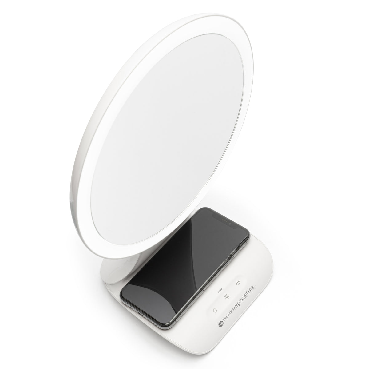 The Rio 5x magnification LED makeup mirror features a white base and an integrated wireless charging station, allowing your smartphone to rest and charge while you use the mirror.