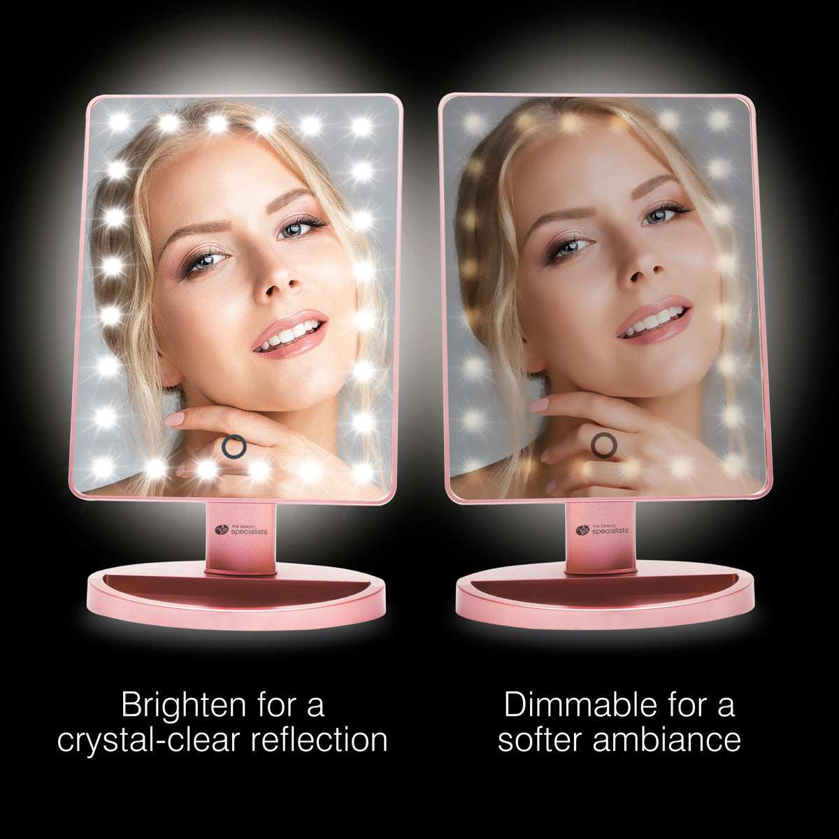 Two Rio Rose Gold 24 LED Makeup Mirrors display a womans face. The left is brightly illuminated; the right offers a softer glow. Mirrors feature adjustable brightness and include a mini removable 10X Magnifying Mirror.