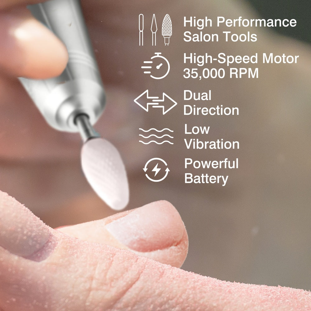 A hand uses the Rio Salon Pro Electric Nail File & Drill, highlighting salon-quality care, 35,000 RPM high-speed motor, dual direction, low vibration, and powerful battery—ideal for easy, at-home manicures.