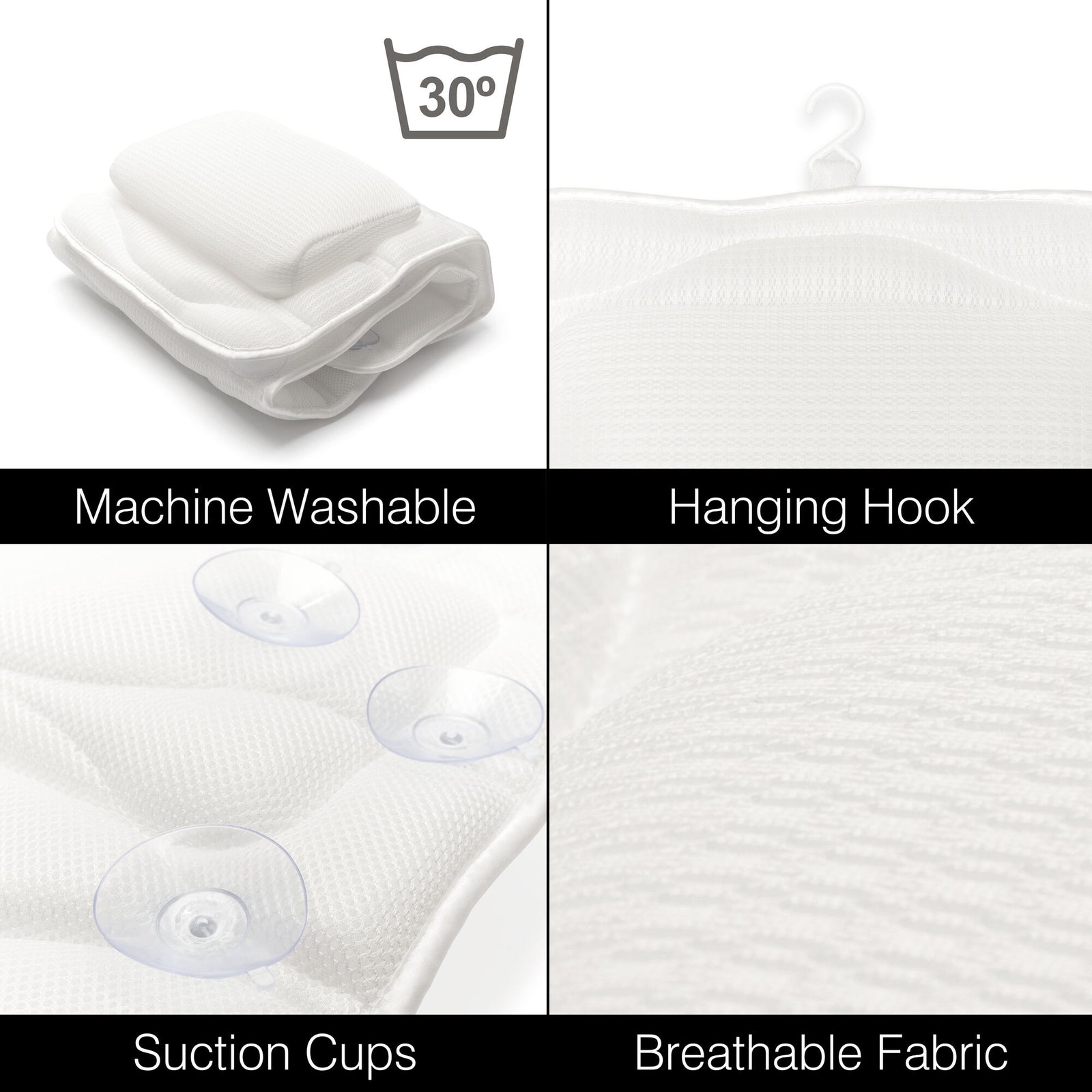 A collage showcases the Rio Luxury Bath Mat & Pillow: a folded white pillow labeled machine washable, close-up of its hanging hook, attached suction cups, and textured breathable fabric—highlighting key features for premium bathing comfort.