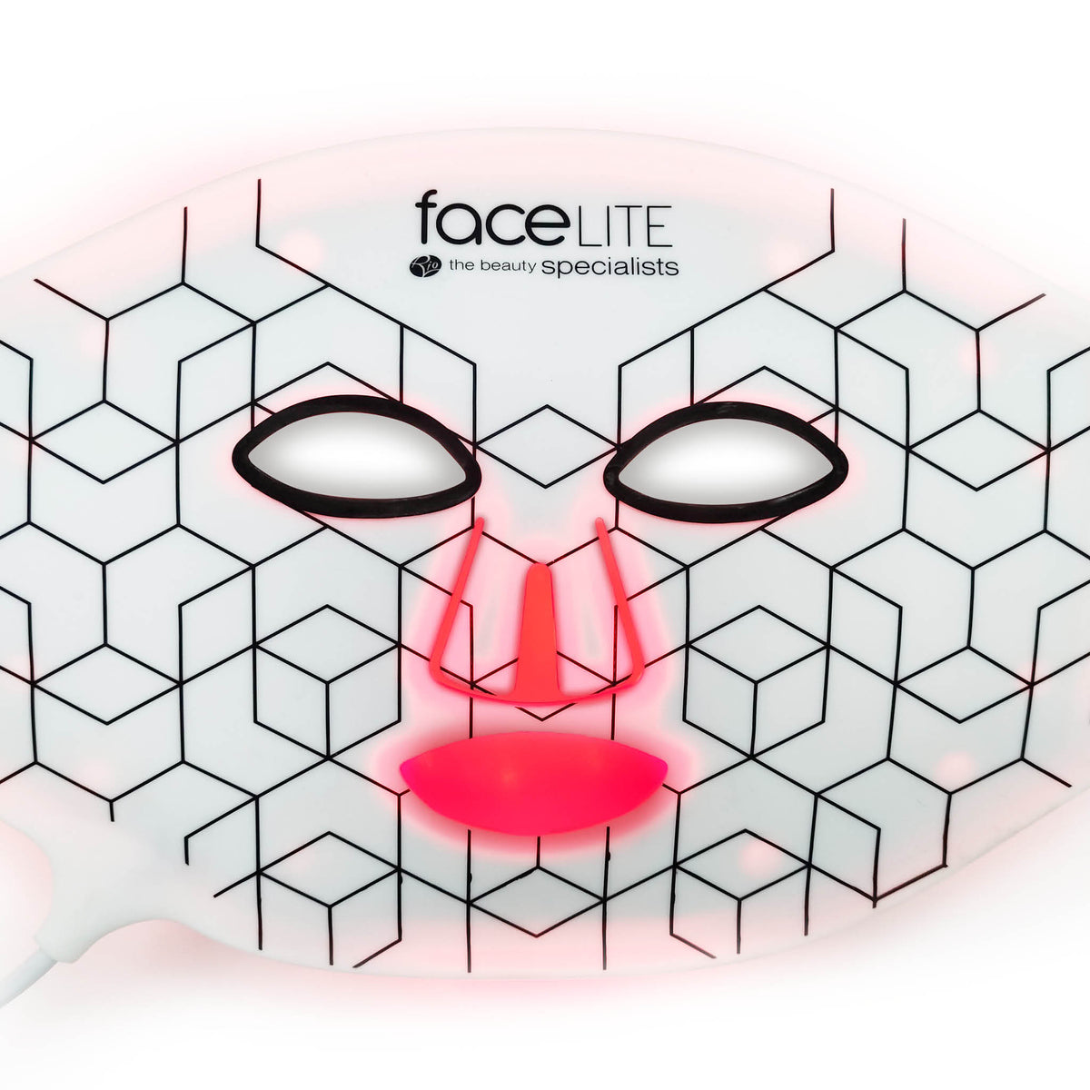 The Rio FaceLite Eye Shields pair perfectly with the white LED face mask featuring geometric black lines and a glowing red effect, offering added comfort during use. The mask is labeled “faceLITE the beauty specialists” at the top.