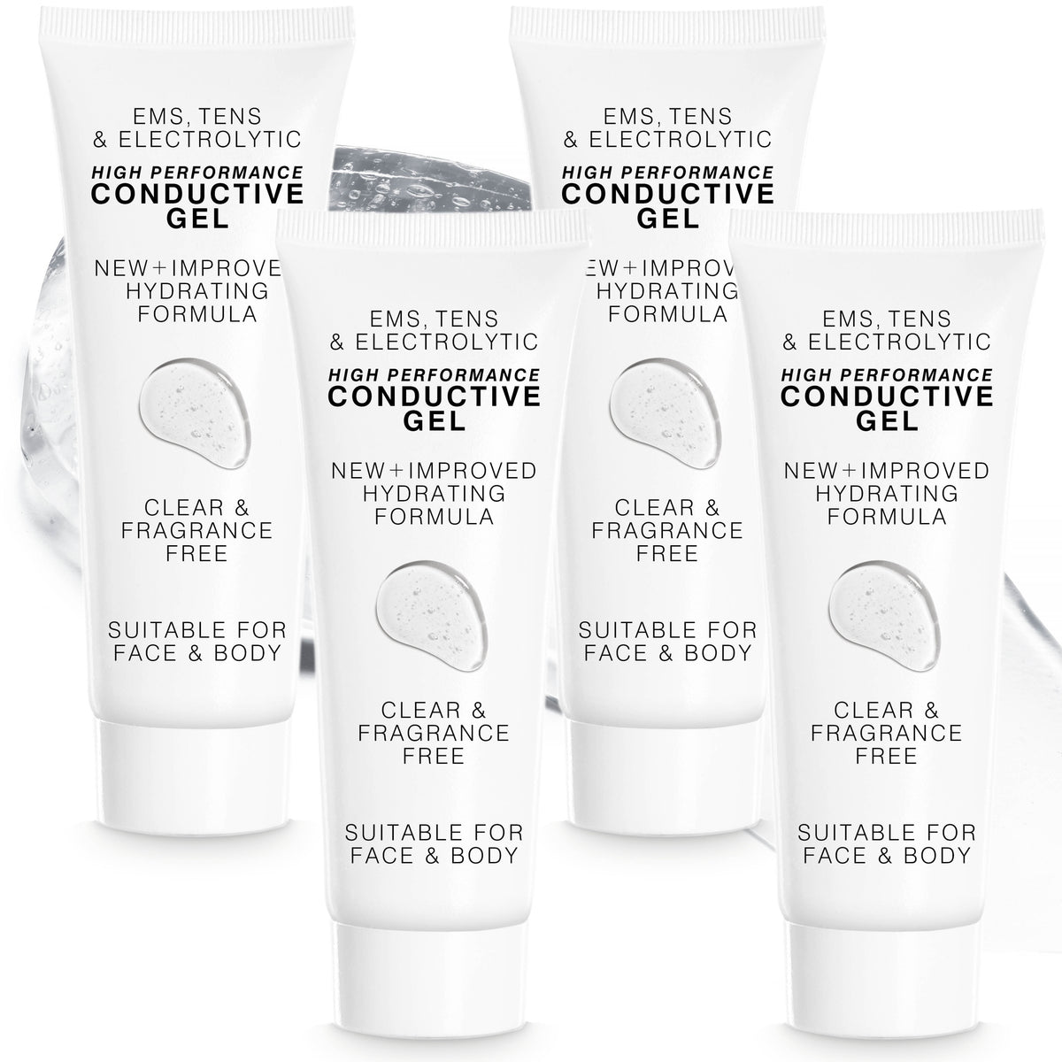 Four white tubes of Rio EMS, TENS, Electrolytic and Micro-Current Toning Conductive Gel (4 x 85ml), featuring a hydrating, clear, fragrance-free formula—ideal for face and body with any micro-current or EMS toning system.