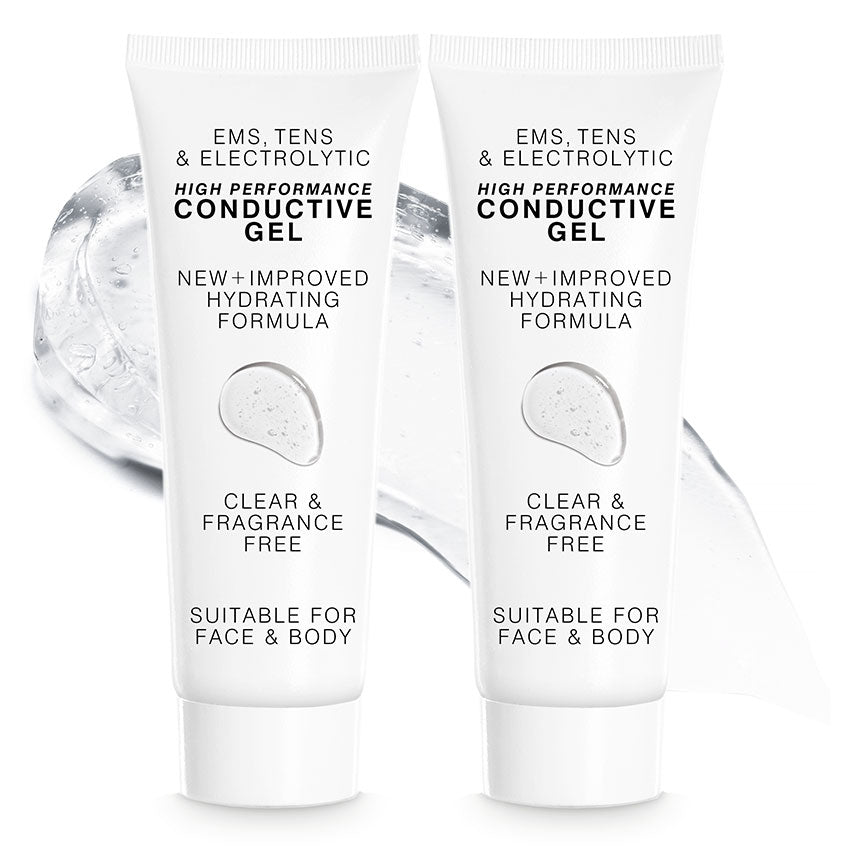 Two white tubes of Rio EMS, TENS, Electrolytic and Micro-Current Toning Conductive Gel (2 x 85ml) with a clear, hydrating, fragrance-free formula—ideal for facial and body muscle toning—are shown in front of a smear of the gel.
