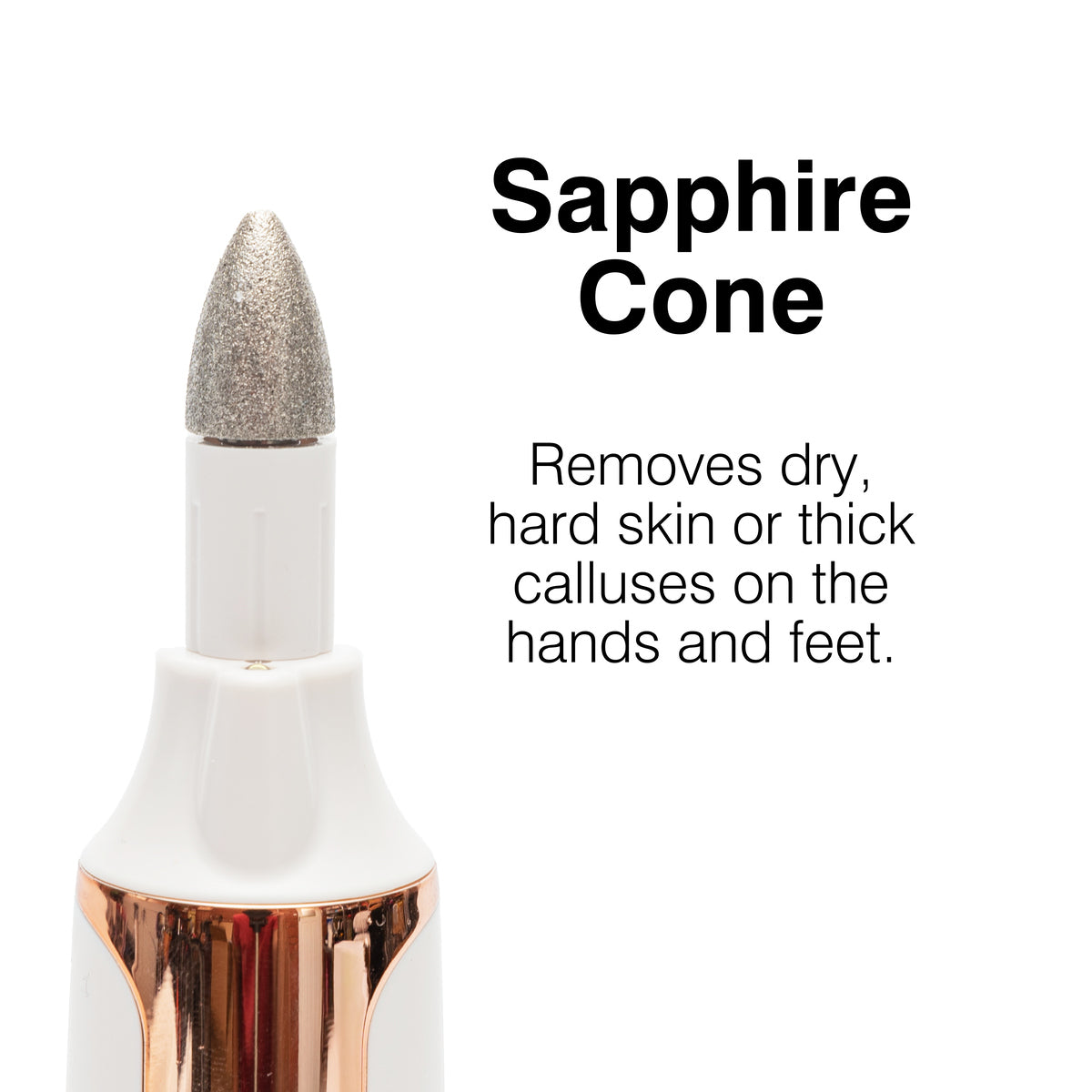 A close-up of the Rio Precision Pro Electric Nail File, a precision nail care device with a sleek white and rose gold base, designed for removing dry, hard skin or thick calluses on hands and feet.