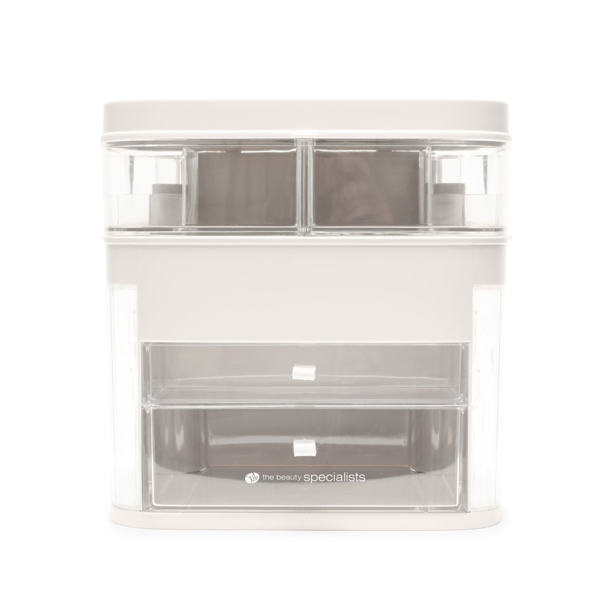 The Rio Ultimate Beauty Storage Box With Dimmable Mirror is a white and transparent portable organizer with two small upper drawers and one large lower drawer, ideal for organizing beauty or office supplies.