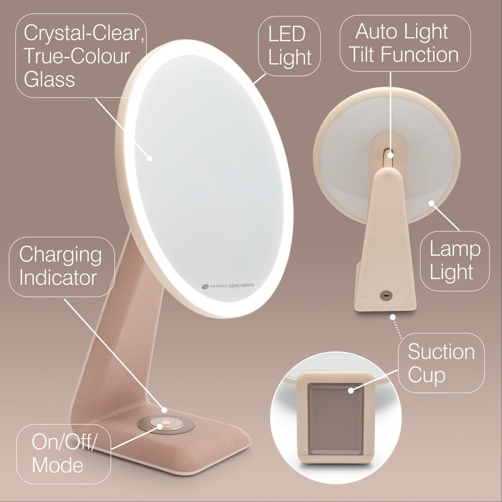 The Rio TrueColour High Performance Makeup Mirror, in beige, features a modern design with a circular LED light, touch on/off, charging indicator, auto tilt, and suction cup base—each function clearly labeled for easy use.