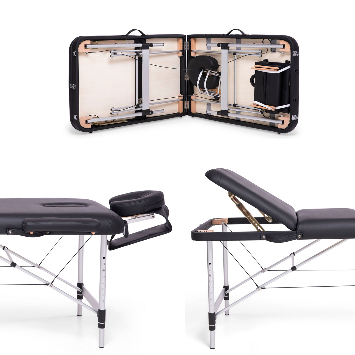 The Rio Professional Aluminium Massage Table & Treatment Couch is shown open with storage for parts and fully assembled with a face cradle and adjustable backrest. It features a silver frame and black padding—perfect for at-home massage.