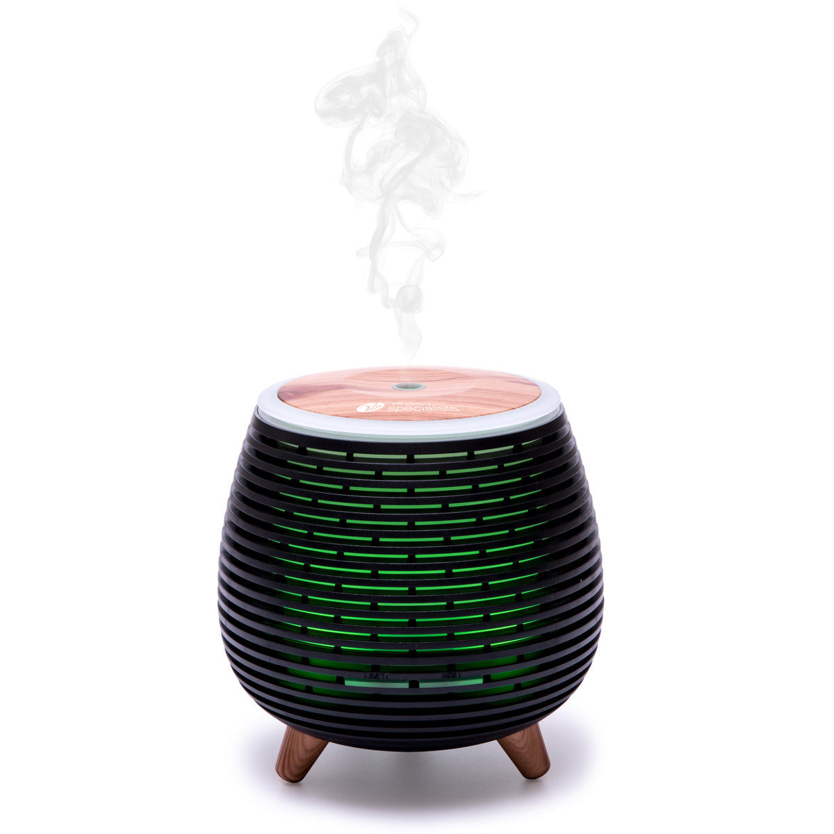 The Rio ZOEY Aroma Diffuser, Humidifier & Night-Light features a wood-textured top, black vented sides, green inner light, and visible mist to create a calming atmosphere—ideal for peaceful spaces. Shown on a white background.
