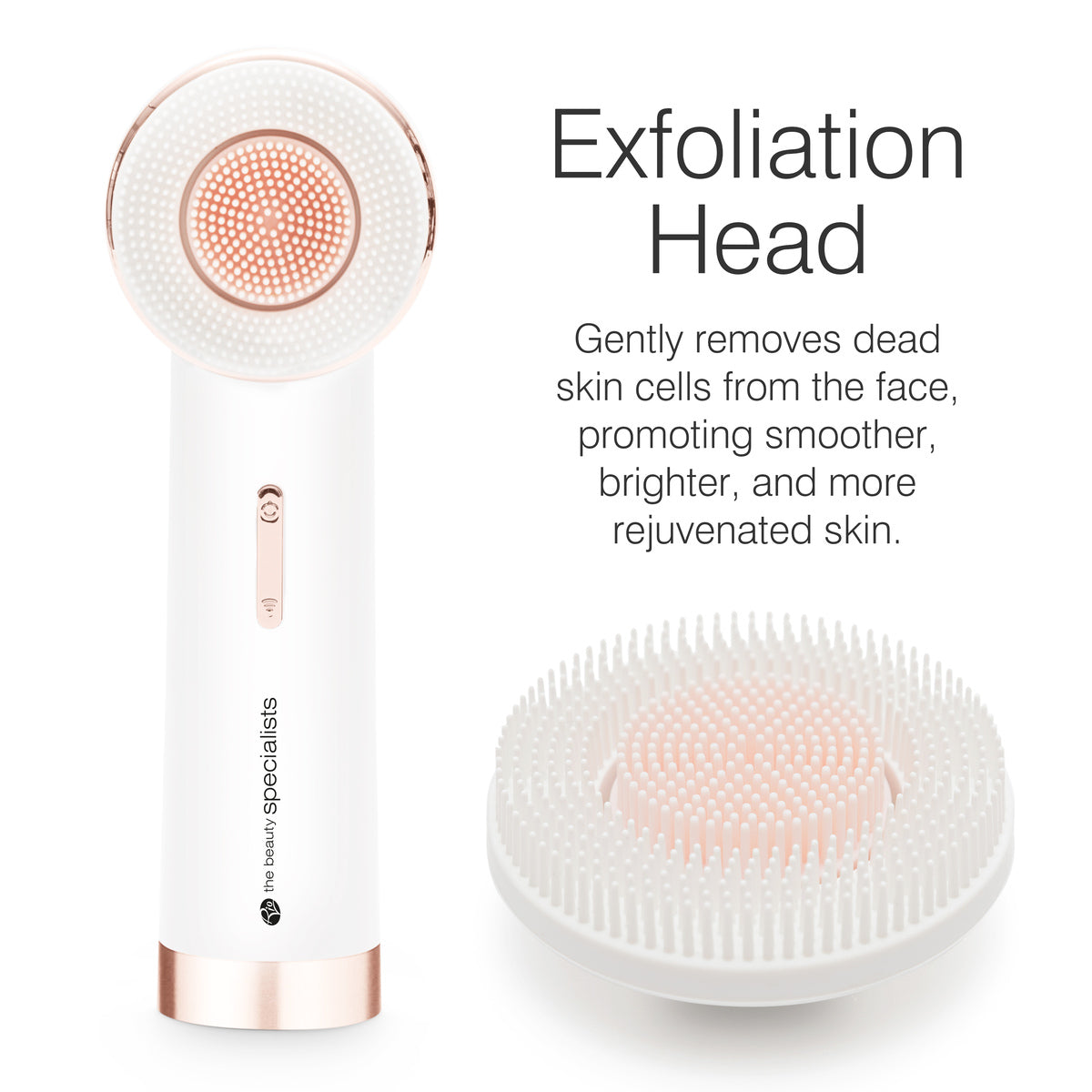 The PURE CLEANSE Deep Cleansing & Exfoliating Facial Brush by Rio the Beauty Specialists is shown in white and rose gold with a detachable textured head for gentle exfoliation, revealing smoother, brighter, and rejuvenated skin.