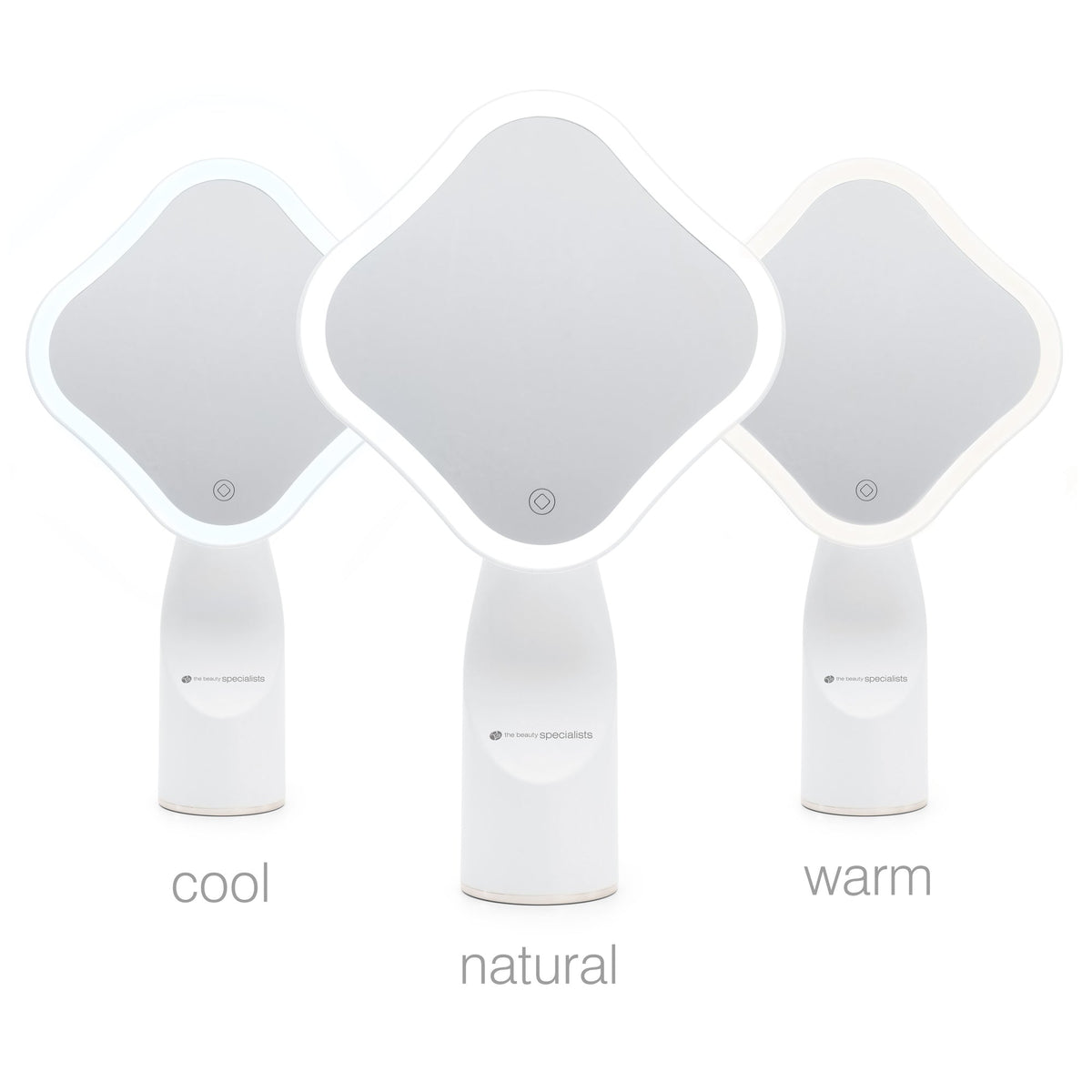 Three Rio Illuminated Full Size Beauty Mirrors are arranged side by side: the left shines with cool white light, the center displays natural light, and the right glows warm yellow. Each is labeled: “cool,” “natural,” and “warm.”.