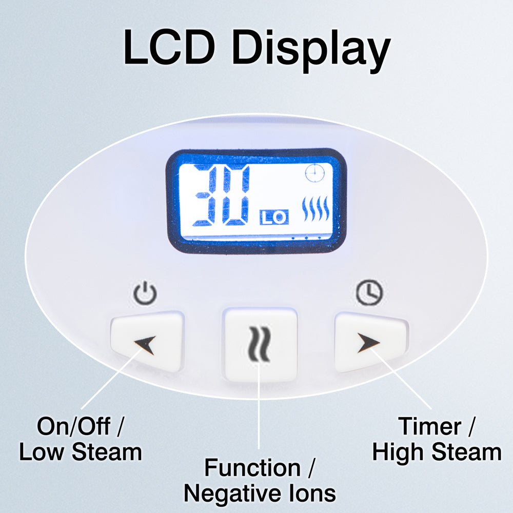 Close-up of the Rio Facial Sauna Skincare Spa with Steam Inhaler’s LCD showing 30 LO and steam icons. Below, three buttons: On/Off/Low Steam, Function/Negative Ions, and Timer/High Steam—ideal for at-home facial treatments.