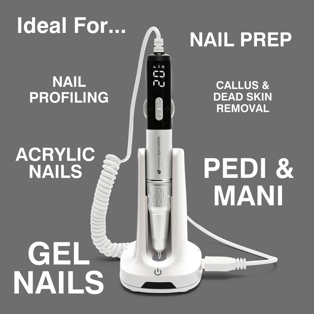 The Rio Salon Pro Electric Nail File & Drill on a white stand delivers salon-quality DIY care—ideal for nail prep, callus and dead skin removal, profiling, acrylic/gel nails, pedicures, and manicures. Includes display screen and coiled cord for easy use.