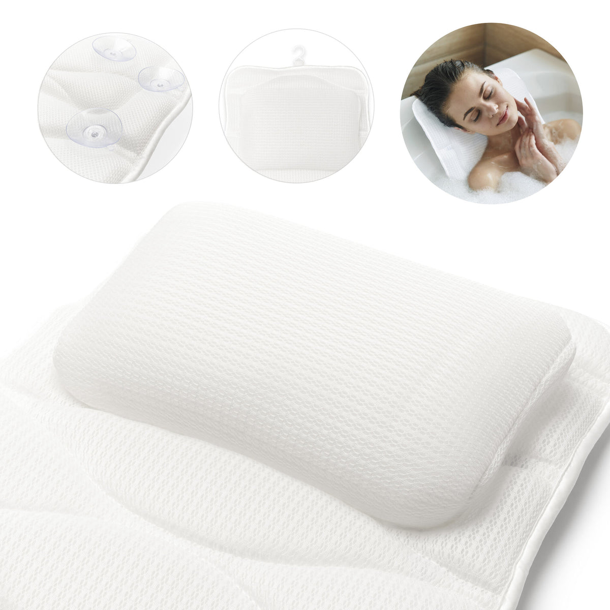 Close-up of Rio Luxury Bath Mat & Pillow in white, featuring a textured surface, suction cups, and hanging hook. Inset shows a woman relaxing with the pillow offering neck support for maximum comfort.