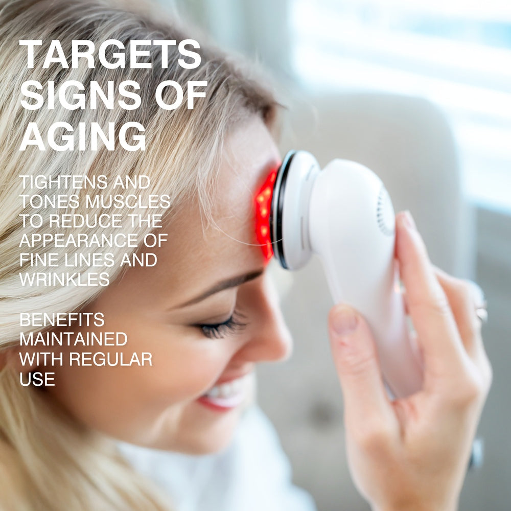 A smiling woman uses the Rio Face Lift & Tone Beauty Spa on her forehead. White text highlights its benefits—firmer-looking skin, fewer wrinkles, and long-lasting results with regular use.