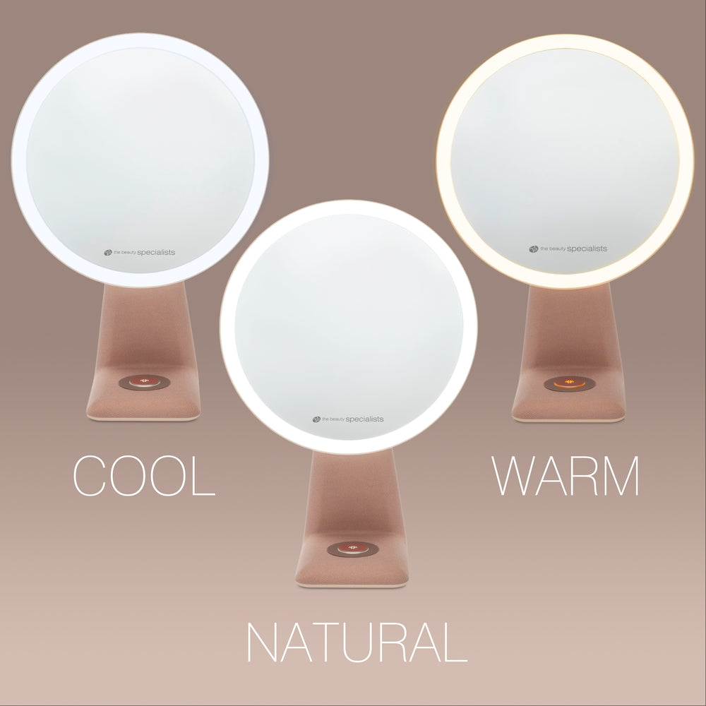 Three Rio TrueColour High Performance Makeup Mirrors are displayed side by side on a beige background, each with LED ring lights in COOL, NATURAL, and WARM modes—showcasing refined simplicity and high clarity.
