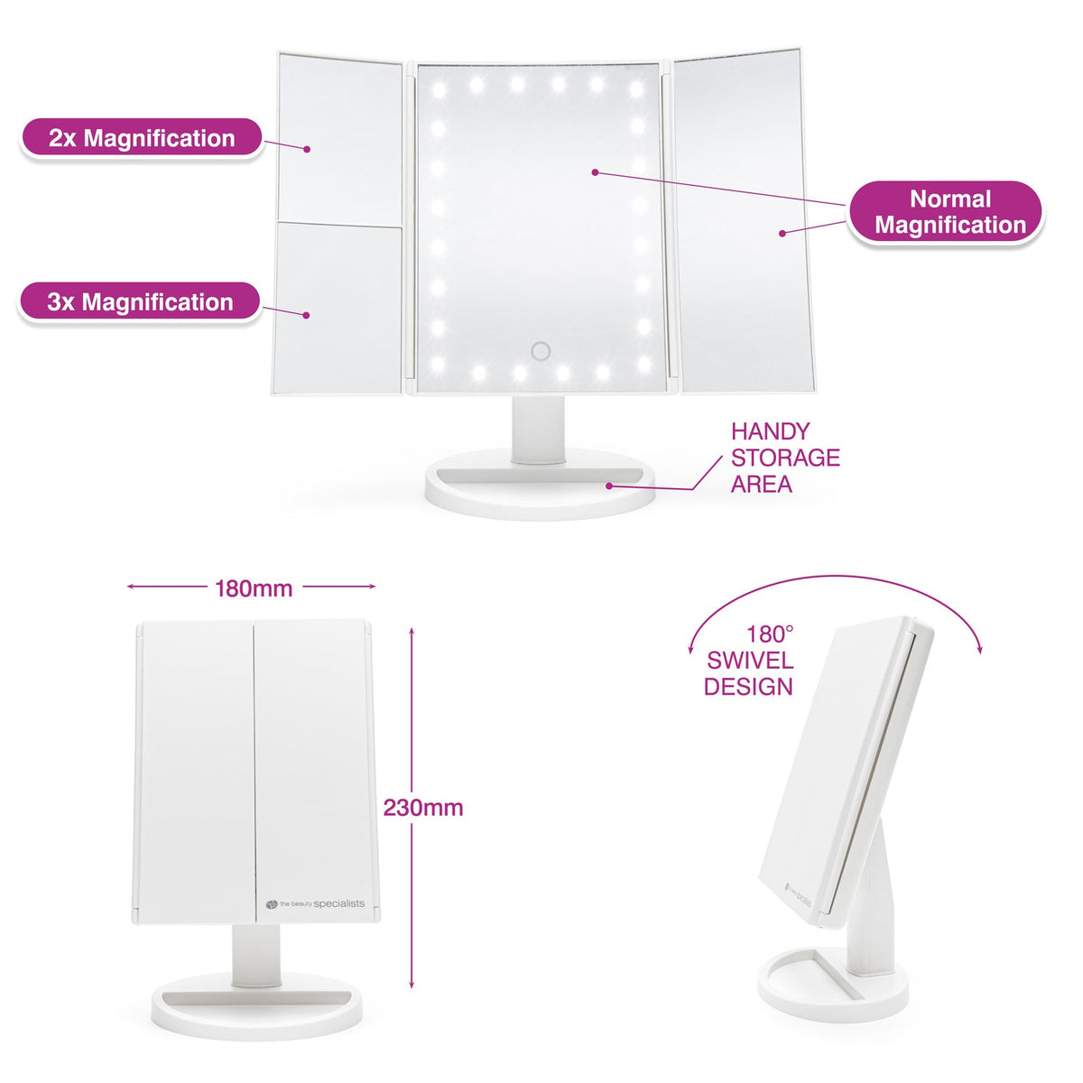 The Rio 24 LED Touch Dimmable 3 Way Makeup Mirror in white features 2x, 3x, and standard magnification panels, a 180° swivel design, and measures 180mm x 230mm. Shown open and closed to highlight its versatility.