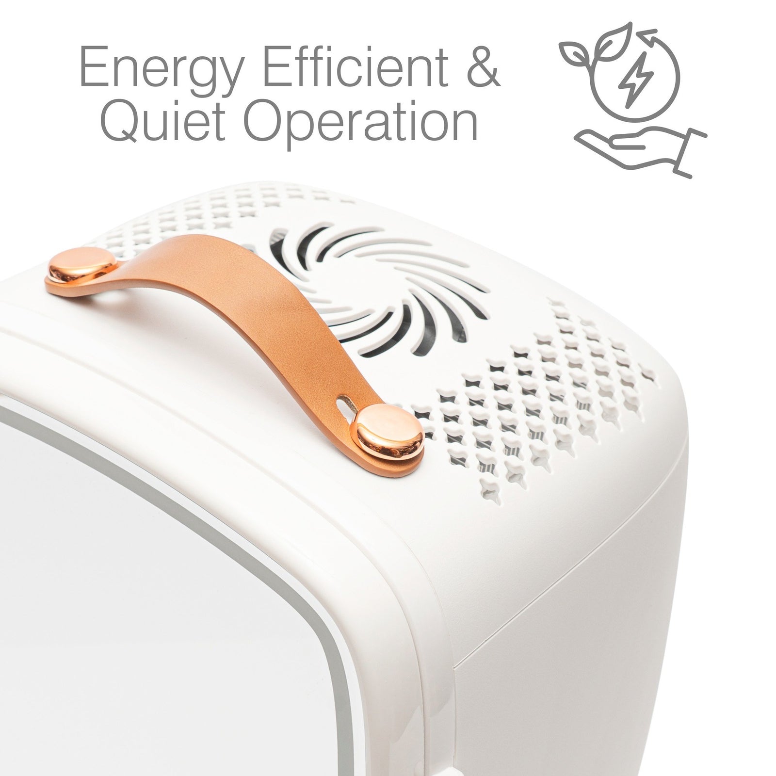 The Rio Beauty Skincare Fridge With Mirror is a white appliance with a brown handle and vented top, perfect for chilling cosmetics. Features "Energy Efficient & Quiet Operation" with a hand-leaf-power icon.