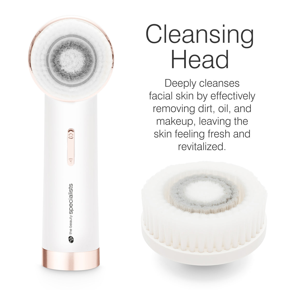 The Rio the Beauty Specialists PURE CLEANSE Deep Cleansing & Exfoliating Facial Brush features a removable round head for effective dirt, oil, and makeup removal—leaving your skin fresh and revitalized. Text reads: Cleansing Head.