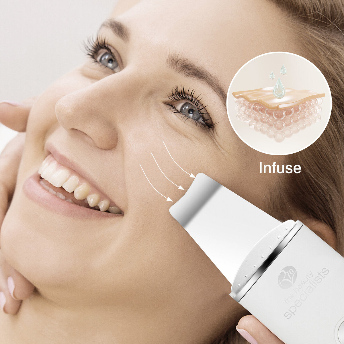 A smiling woman uses the Rio Ultrasonic Skin Cleanser for a facial treatment. An inset shows the device exfoliating and infusing moisture, labeled Infuse, with droplets penetrating cleansed skin layers.