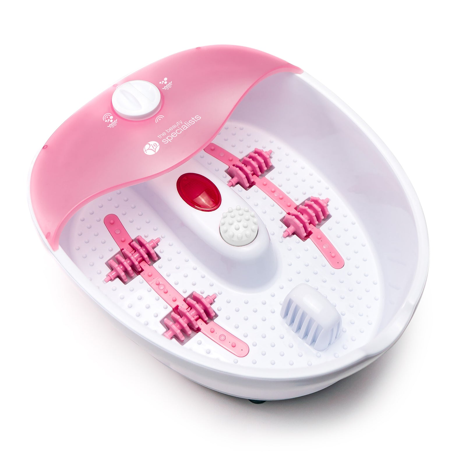 The Rio Soothing Waves Foot Bath Spa & Massager features pink and white design, textured rollers and bumps for a relaxing foot massage, a splash guard, and easy-to-use control buttons on top.