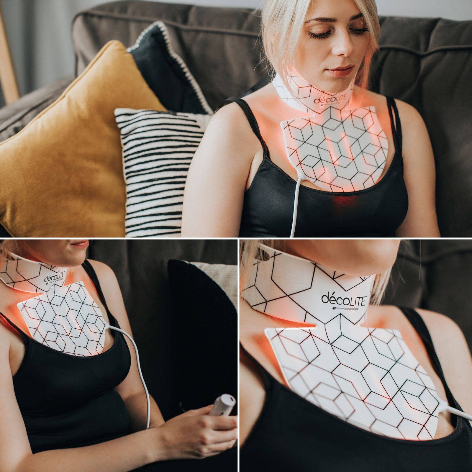 A woman relaxes on a couch wearing the Rio décoLITE Anti-Ageing Light Treatment, a patterned LED device glowing red on her neck and chest. Pillows are visible in the background.