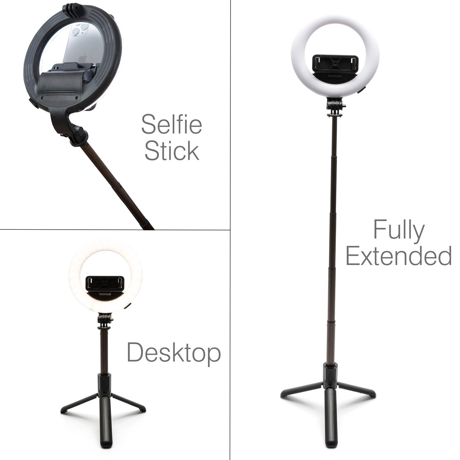 The Rio GlamourGlow Pro Beauty & Vlogging Ring Light is displayed as a selfie stick for vlogging, a desktop tripod, and fully extended with the light on top for makeup—each configuration clearly labeled.